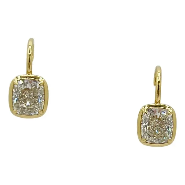 Gia 2 Carat Each White Diamond Cushion Dangle Earrings in 18k Yellow Gold, A Pair