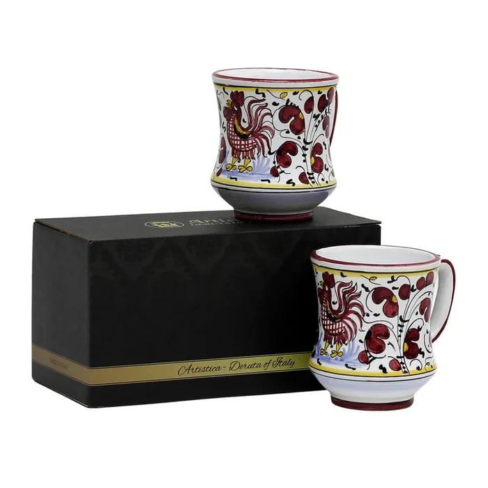 GIFT BOX: With two Deruta Mugs – ORVIETO RED ROOSTER Concave Design