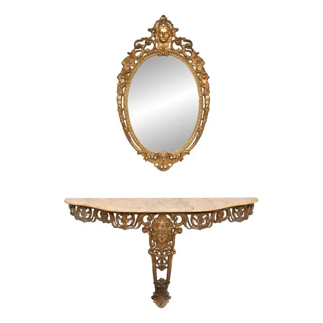Gilded Brass Console with Oval Mirror, 1950s, Set of 2
