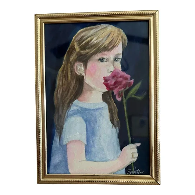 “Girl With the Pink Carnation” Framed Original Watercolor Portrait by Nancy Smith