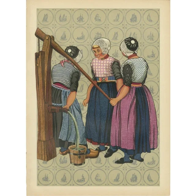 Girls of Urk in Holland at the Village Pump in Traditional Workwear, 1932, Paper