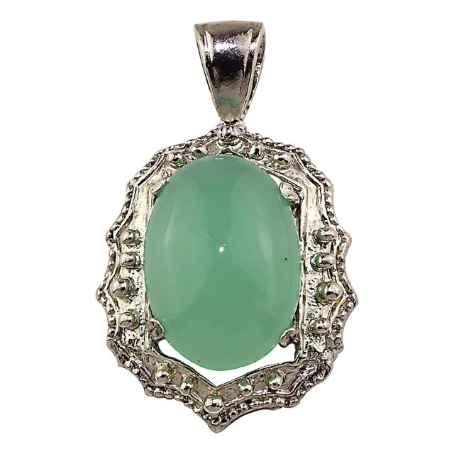 Glowing Translucent Cabochon Chrysophrase in Sterling Silver Pendant