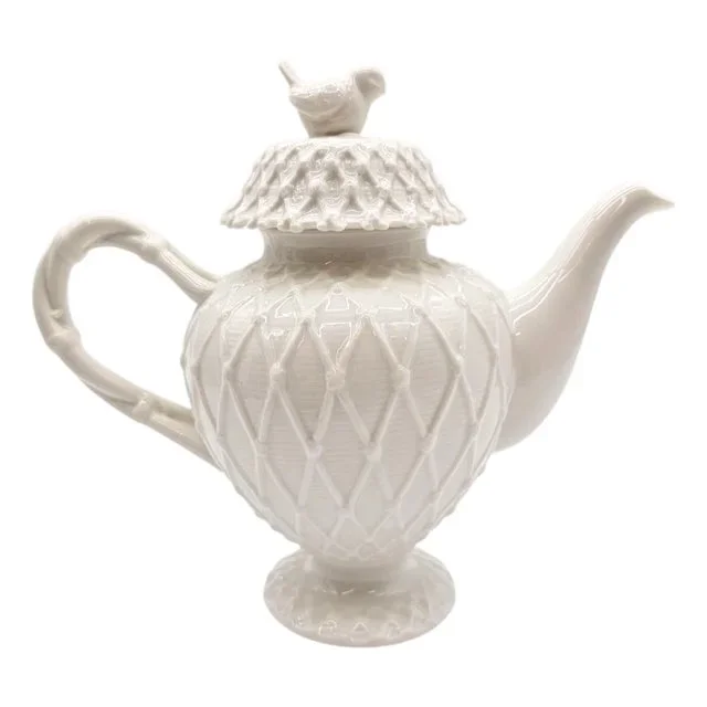 Gracie China White Victorian Teapot With Bird Finial and Raised Lace Relief