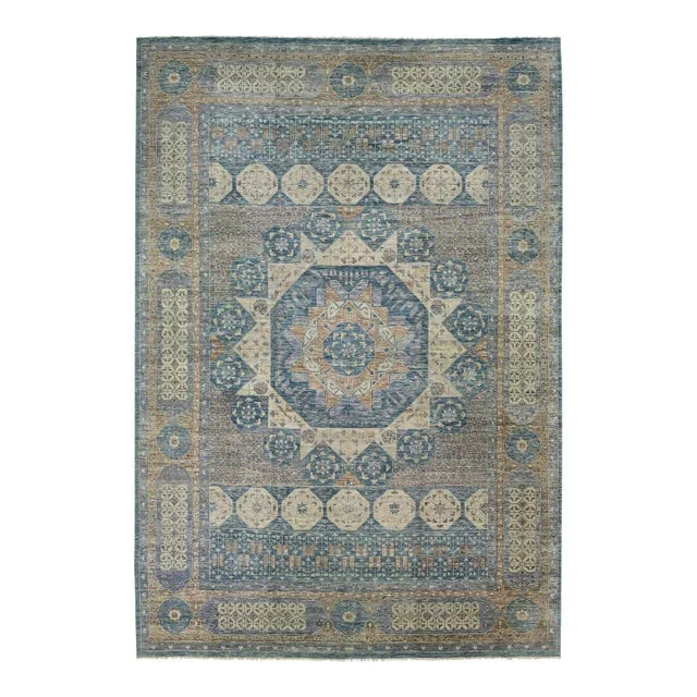 Gray Modern Mamluk Oversize Wool Rug With Geometric Blue Design