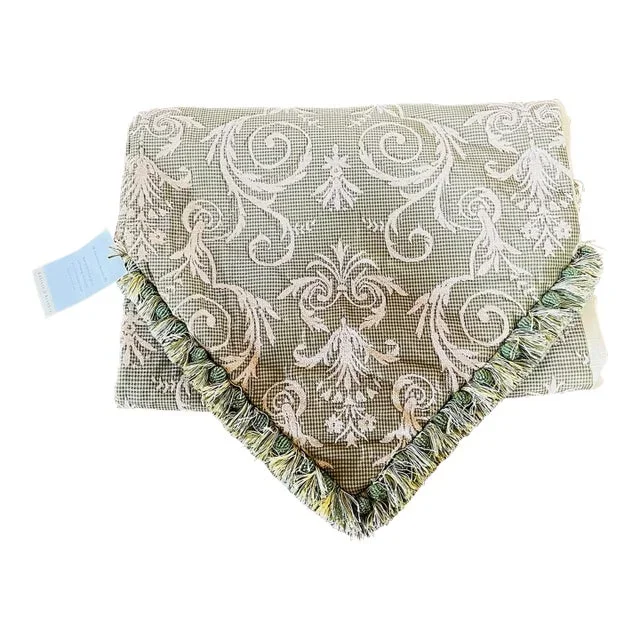 Green Swirl Design Heavy Duty 110” Long Custom Made Table Runner With Bead Accenting