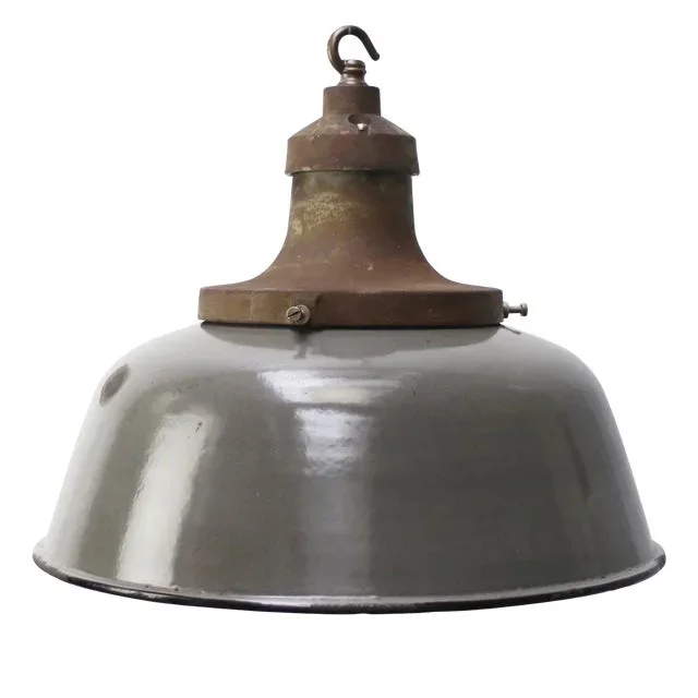 Grey Brown Enamel Garage Workshop Light with Cast Iron Top and White Interior, Dutch, 1920s