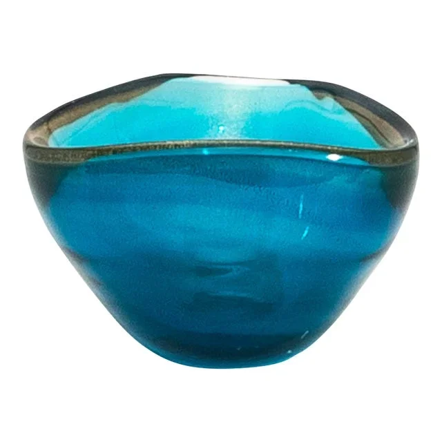 Hand-Blown Murano Bowl in Aqua Blue With 24-Karat Gold Flecks