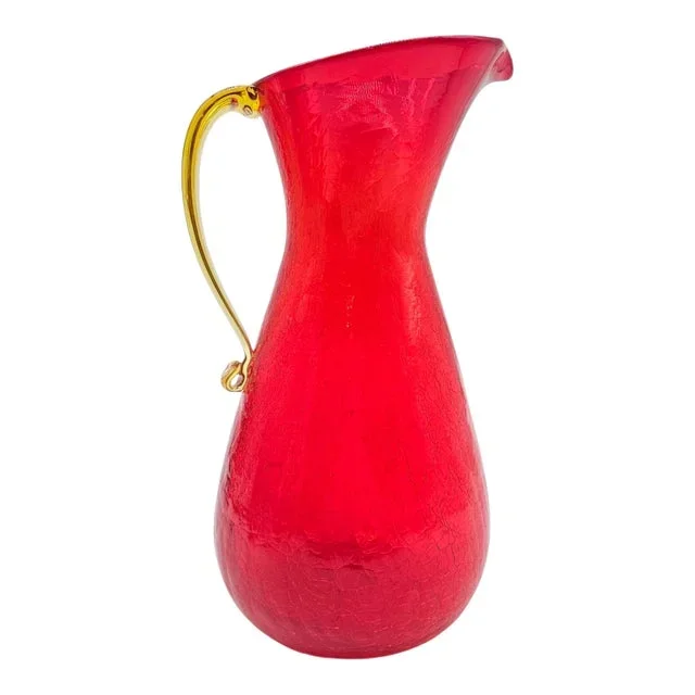 Hand-Blown Pilgrim Ruby Red Crackle Glass Pitcher With Applied Amber Handle – Usa, Mid-Century Art Glass