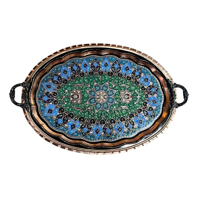 Hand Carved Oval Copper Tray with Handles