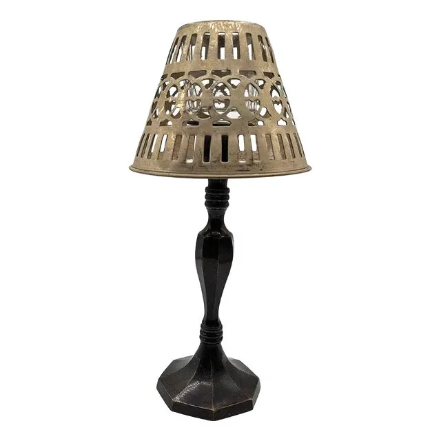 Hand Cast Bronze Candle Holder W/ Reticulated Pierced Silver-Plated Lamp Shade