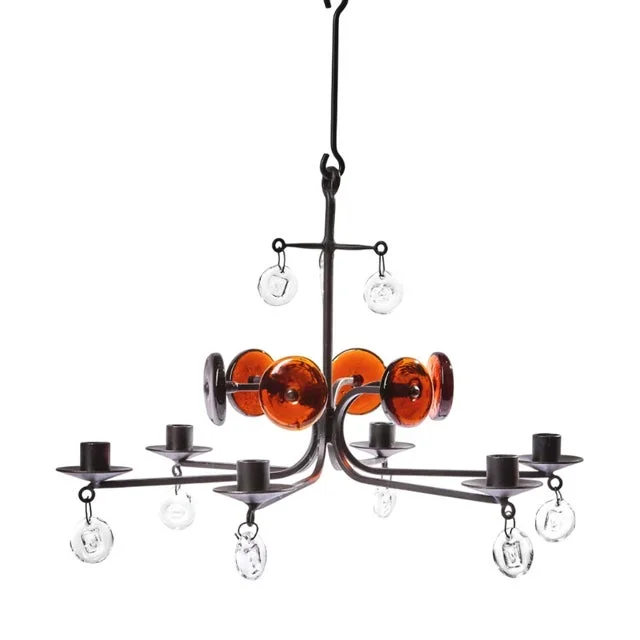 Hand-Forged Chandelier for 6 Candles with Hanging Glass Medallions in Iron and Glass by Erik Höglund for Boda Smide, Sweden, 1965