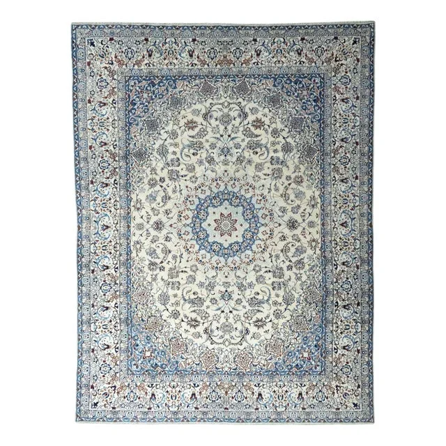 Hand-Knotted Nain 9LA Oriental Rug with Silk in Cream & Blue