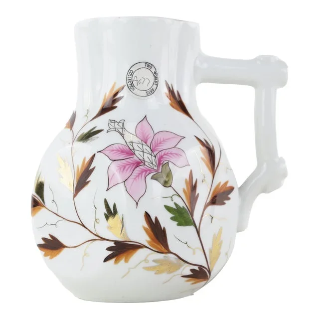 Hand-Painted Floral Ceramic Pitcher With Pink Lily and Gold Accents