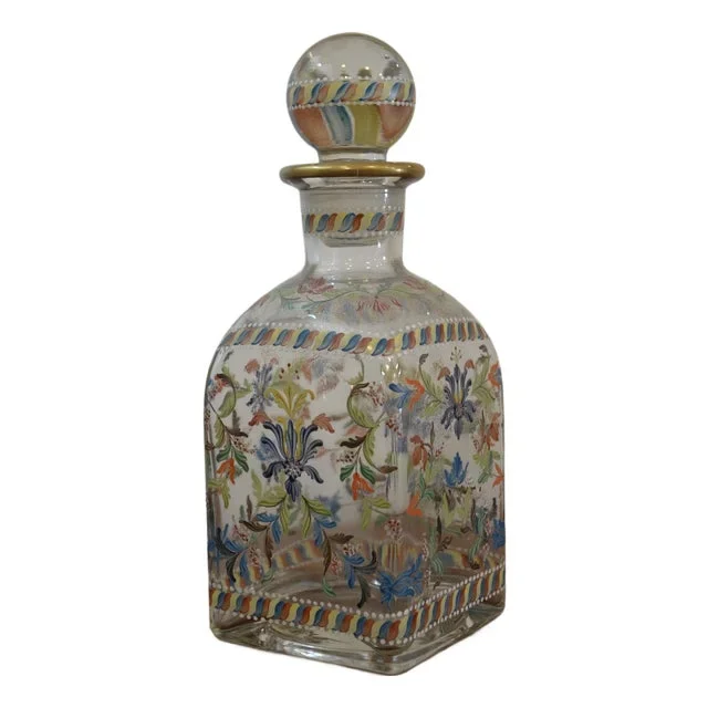 Hand Painted Glass Decanter, Portugal, 1950s