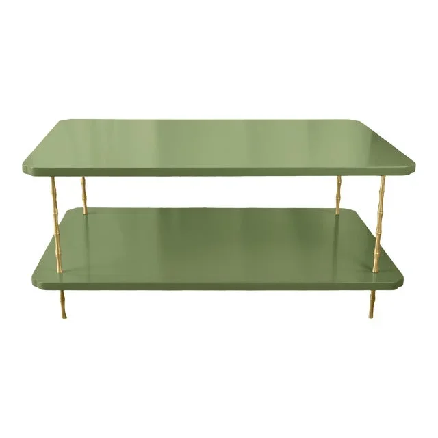 Handcrafted Satin Forest Hills Green Lacquered Two-Layer Coffee Table With Brass Bamboo Legs