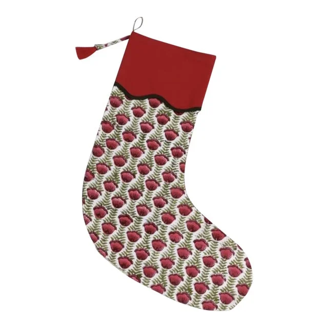Handmade Red Floral Christmas Stocking with Navy Piping
