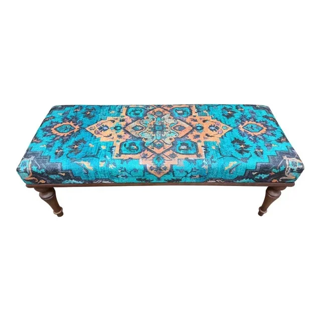 Handmade Regency Style Printed Rug Fabric Upholstered Bench