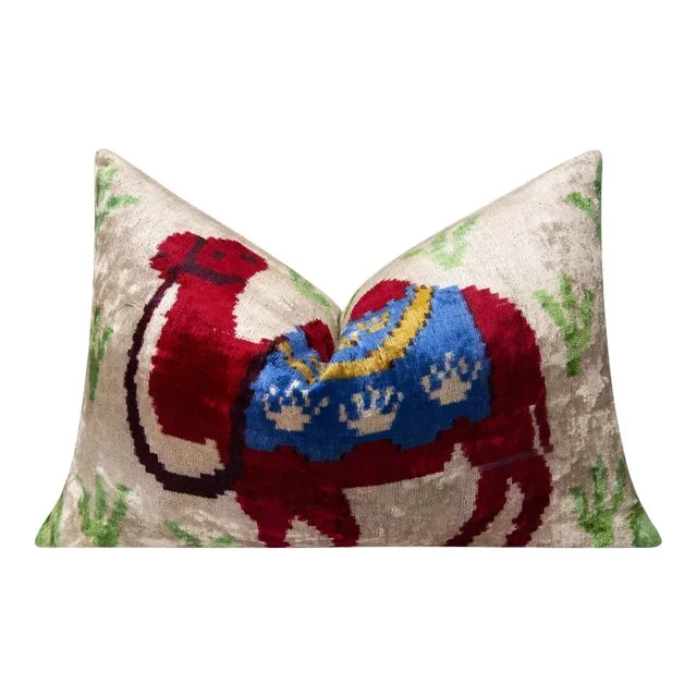 Handmade Silk Velvet Camel Design Throw Pillow, Multicolored Exotic Accent Pillow With Down Feather Insert