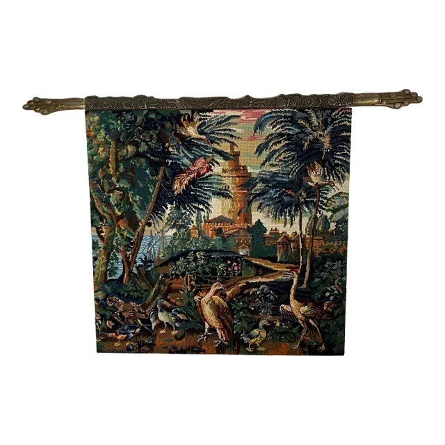 Handstitched Needlepoint Faux Tapestry With Decorative Mounting