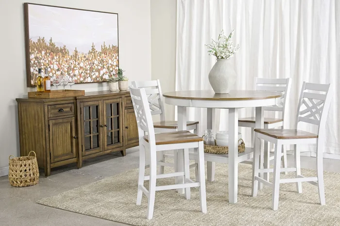 Harlin Round Counter Height Dining Table & 4 Stools in White/Brown
