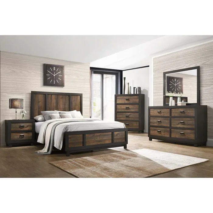 Harlington Panel Bed, Dresser & Mirror in Walnut, Eastern King