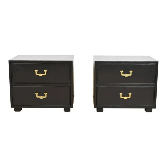 Henredon Mid-Century Hollywood Regency Campaign Black Lacquered Bedside Chests, Newly Refinished