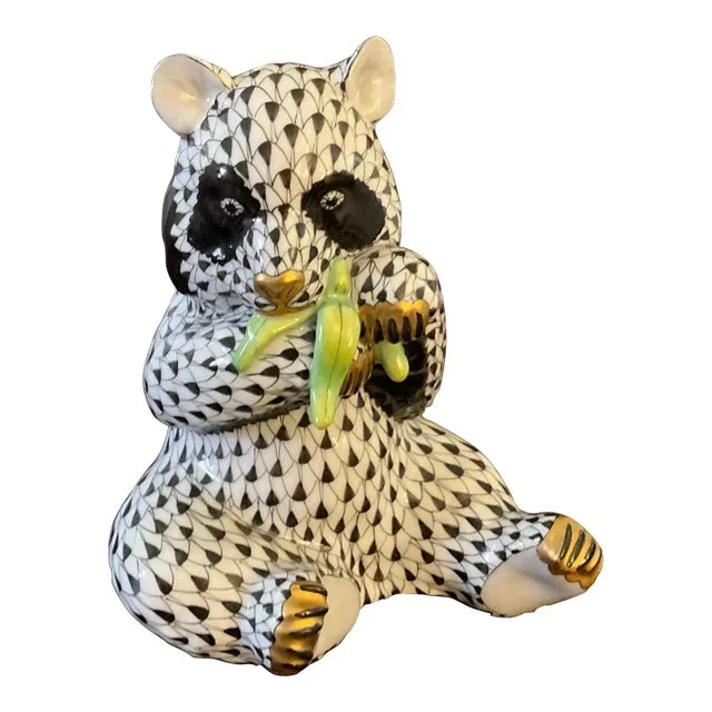 Herend Panda With Black Fishnet Pattern Eating Bamboo