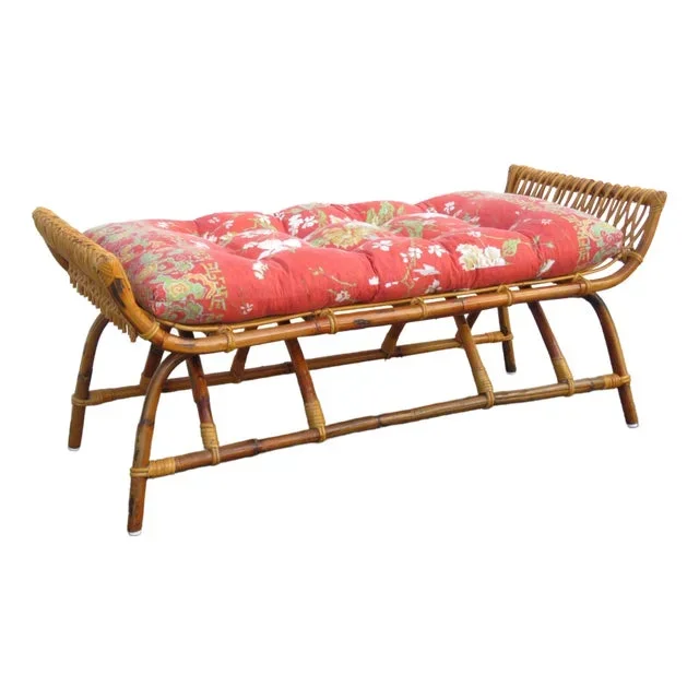 Hollywood Regency Bohemian Bamboo Rattan Large Ottoman Bench 5807