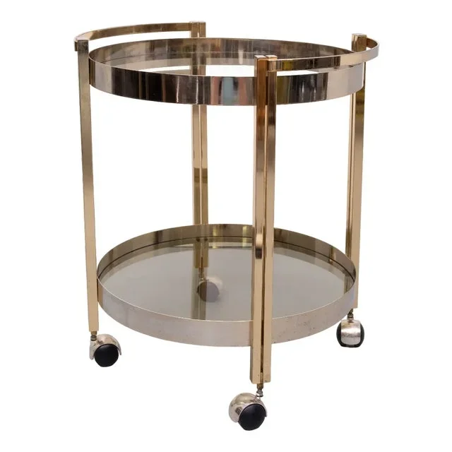 Hollywood Regency Round Brass and Nickel Serving Trolley, 1970s