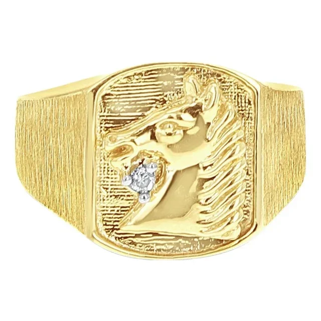 Horse Head with Diamond Signet Ring 10k Yellow Gold, Size 10