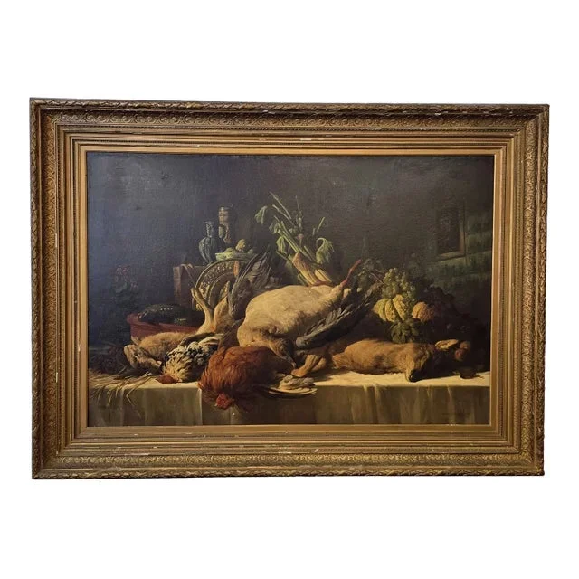Huge 7′ Long Fine Antique 1880 Oil on Canvas Still Life Painting of Animals and Food by Lucas Schaefels (Belgium 1824-1885)