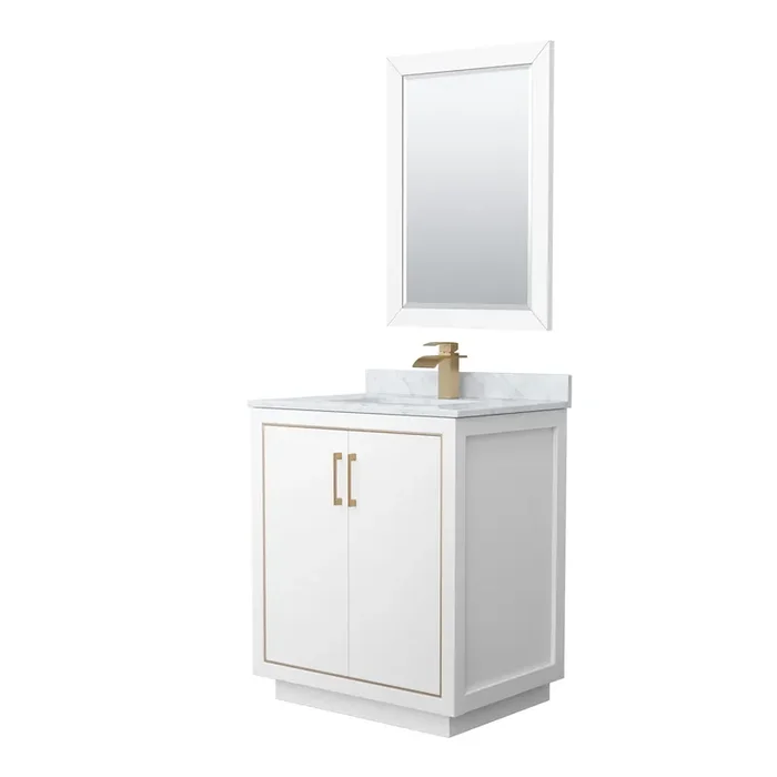 Icon 30 Inch Single Bathroom Vanity In White, White Carrara Marble Countertop, Undermount Square Sink, Satin Bronze Trim, 24 Inch Mirror