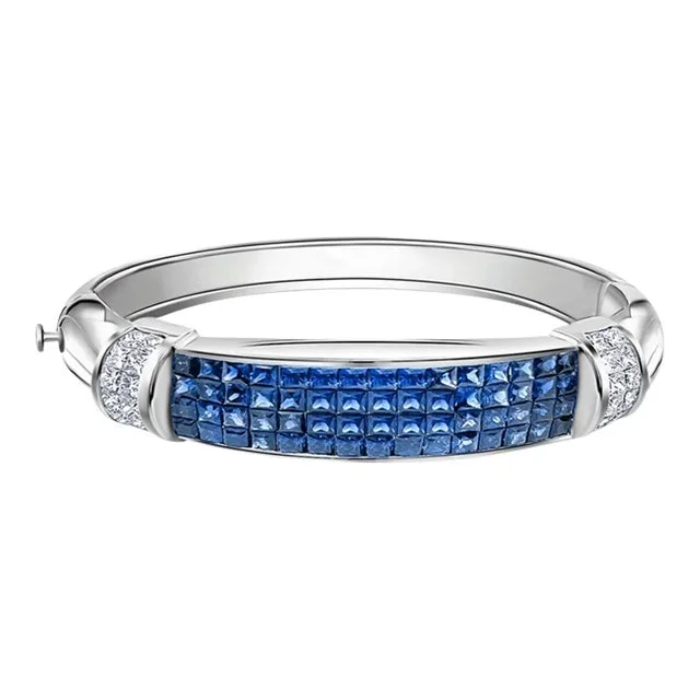 Invisible Set 19 Carat Square Blue Sapphire & Diamond Bangle in 14k White Gold