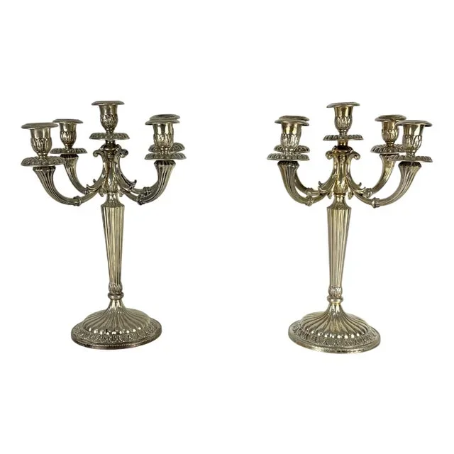 Italian 800 Silver 5-Flame Candlesticks, 1980s, Set of 2