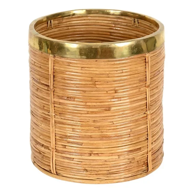Italian Decorative Basket or Cachepot in Rattan and Brass, 1970s