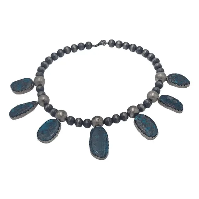 Ithaca Peak Turquoise – 7 Stone Sterling Silver Handmade Necklace Authentic Native American