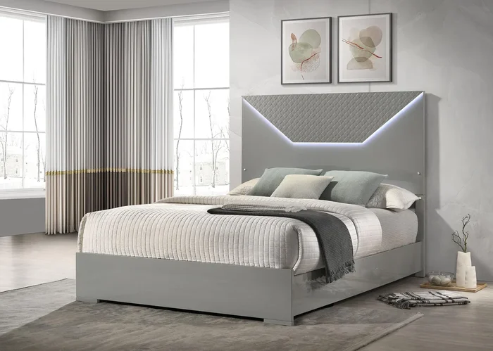 Ives Gray High Gloss Eastern King Panel Bed LED Headboard