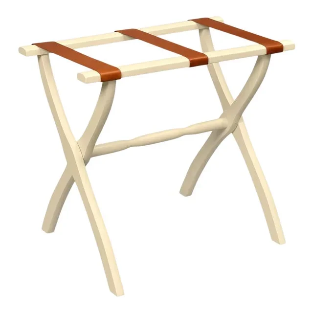 Ivory Wood Contour Leg Luggage Rack with 3 Tan Leather Straps
