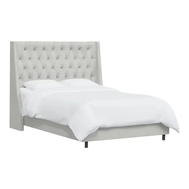 Ivy Tufted Wingback Bed in Light Grey Classic Velvet, Twin
