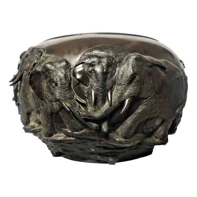 Japanese Art Deco, Grand Patinated Bronze Planter w/ Elephants, ca. 1930’s