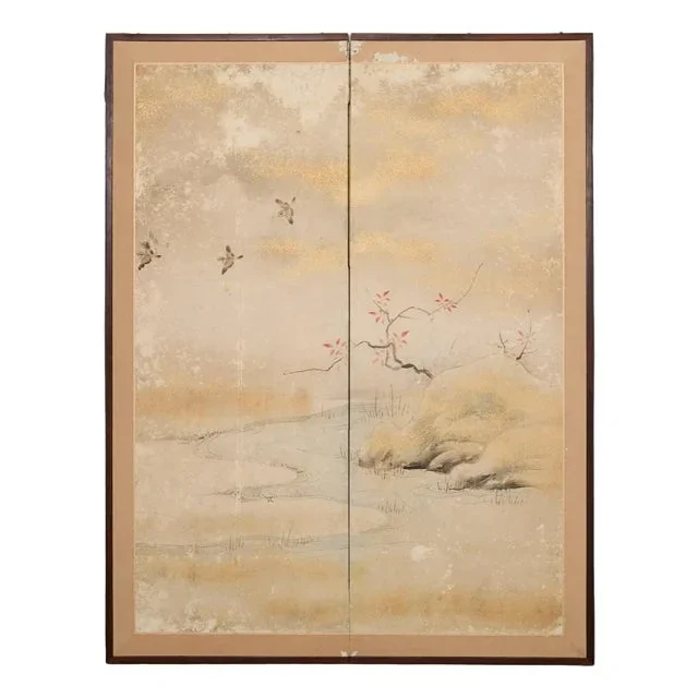 Japanese Edo Two Panel Screen Meandering Stream With Birds