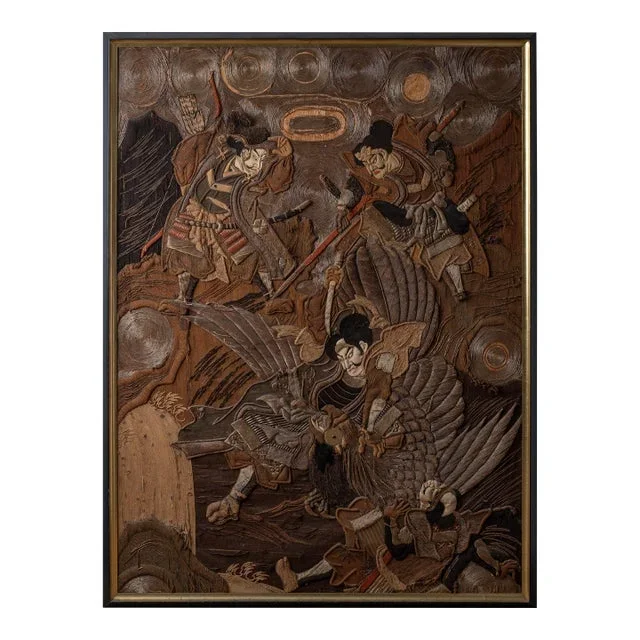 Japanese Samurai Battling Tengu Embroidered Tapestry, 19th Century