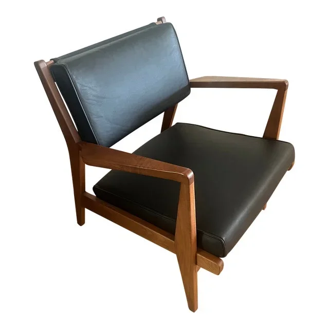 Jens Risom Walnut and Black Leather Lounge Chair
