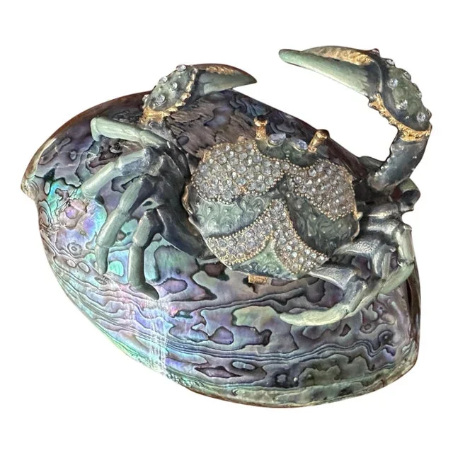 Jeweled Enameled Crab Paperweight on Abalone Shell