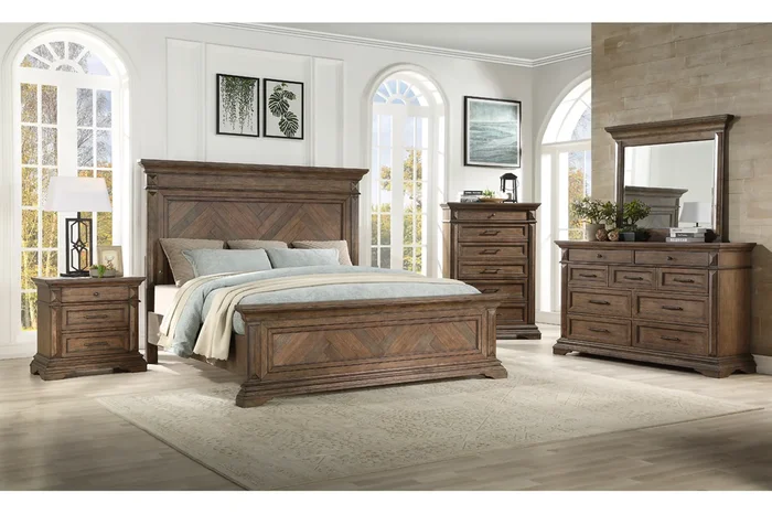 Jolie Vue Panel Bed, Dresser & Mirror in Brushed Walnut, Queen