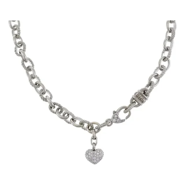 Judith Ripka Diamond 18k White Gold Heart Pendant Oval Link Necklace