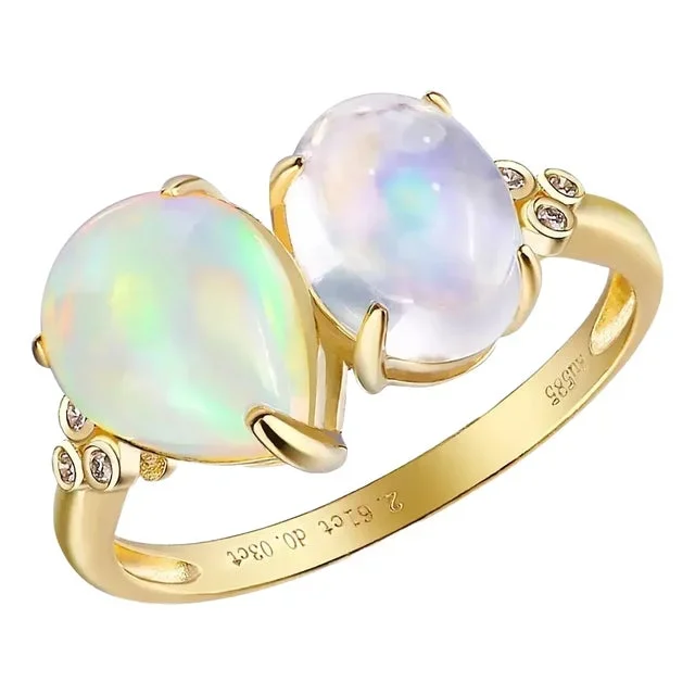 Kai Fortune Rainbow Blue Moonstone Fire Opal Diamond Toi Et Moi Ring in 14k Solid Gold, size 5