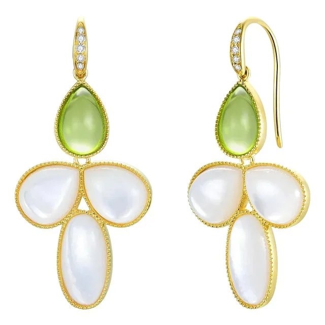 Kai SnowDrop Flower Peridot & Mother of Pearl Diamond Convertible Drop Earrings in 14k Yellow Gold – A Pair