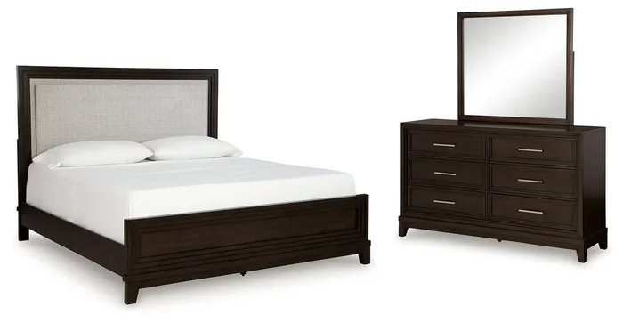 King Upholstered Panel Bed, Dresser And Mirror