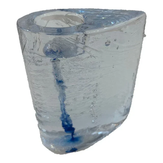 Kosta Boda Thick Transparent and Blue Texted Glass Candle Holder